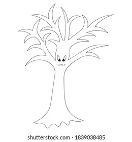 Ominous tree. The mouth is sewn up. Angry facial expression. Curved branches. Vector illustration. Outline on an isolated white background. Doodle style. Sketch. Halloween symbol. An eerie grimace. 
