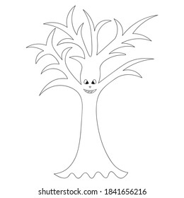Ominous tree. Terrible grin. Curved branches. Vector illustration. Outline on an isolated white background. Doodle style. Sketch. Halloween symbol. An eerie grimace. All Saints Day. Web design.
