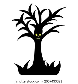 Ominous tree. Terrible grin. Silhouette. Oak with crooked branches. An eerie, toothy grimace. Vector illustration. Isolated white background. Halloween symbol. Idea for web design. All Saints Day.