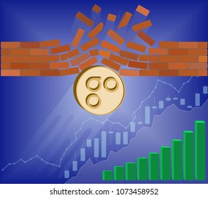 omisego coin breaks through the wall resistance with growth chart on a blue background , the price of crypto currency is rising , vector image design concept  