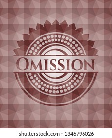 Omission red emblem or badge with abstract geometric polygonal pattern background. Seamless.