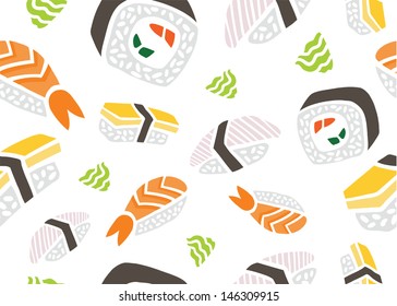 Omlette, Squid and Prawn Sushi Seamless Pattern