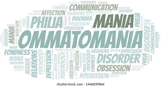 Ommatomania word cloud. Type of mania, made with text only.