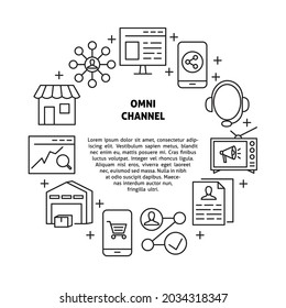 Omni Channel Banner With Round Frame In Line Style. Vector Illustration.