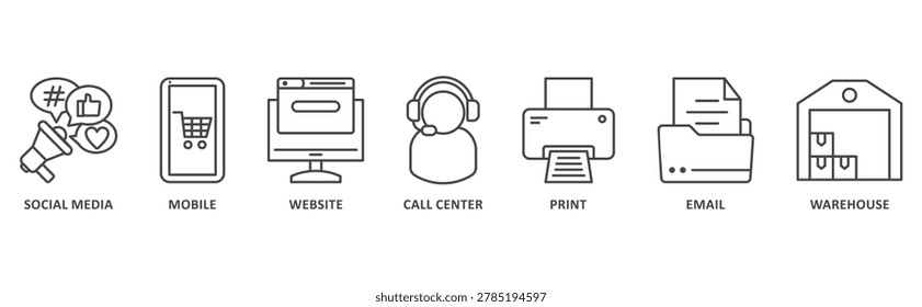Omni channel banner web icon illustration with icon of social media, mobile, website, call center, print, email, warehouse
