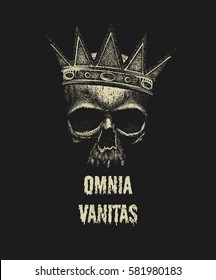 Omnia vanitas. Hand drawn sketch skull. Vintage vector illustration on black background.