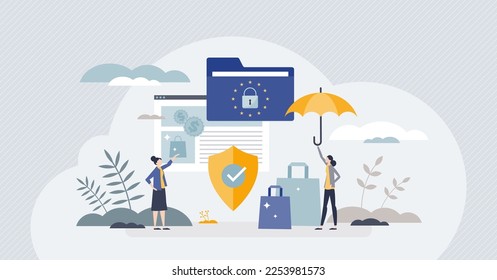 Omnibus directive as EU regulation for customer rights tiny person concept. Buyer protection for safe online ecommerce shopping vector illustration. Client purchase warranty rules for web shopping.