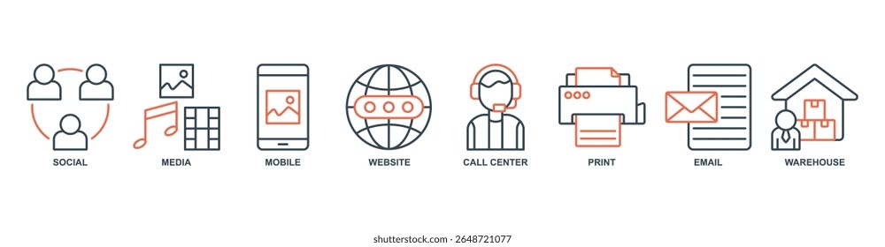 Omnichannel banner web icon set vector illustration concept with icon of social, media, mobile, website, call center, print, email, warehouse