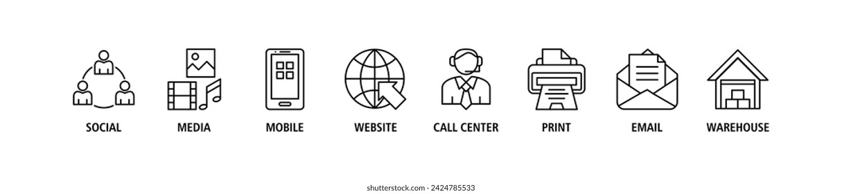 Concepto de ilustración vectorial de icono web de banner omnicanal con icono de medios sociales, móvil, sitio web, centro de llamadas, impresión, correo electrónico y almacén