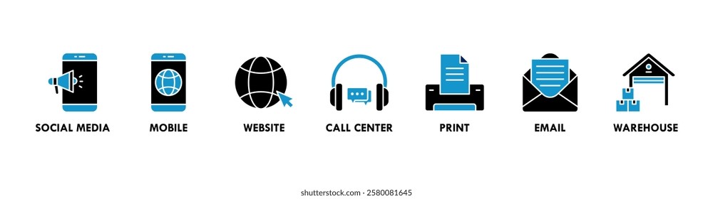 Omnichannel banner web icon vector illustration concept with icon of social media, mobile, website, call center, print, email, and warehouse