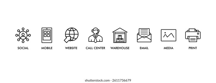 OMNICHANNEL banner web icon vector illustration concept with icon of social media, mobile, website, call center, print, email, and warehouse