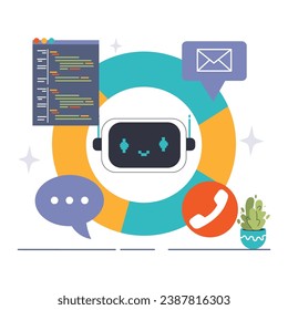 Concepto Omnichannel. Un chatbot centralizado facilita la comunicación fluida entre diversas plataformas, garantizando una participación coherente de los usuarios. Integración de correo electrónico, código y voz. Ilustración vectorial plana