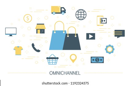 Omnichannel concept. Many communication channels with customer. Online and offline retail helps to grow your business. Set of colorful icons. Isolated flat vector illustration