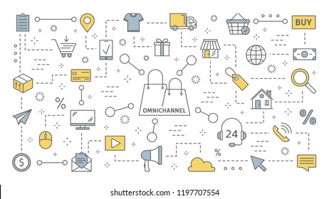 Omnichannel Concept. Many Communication Channels With Customer. Online And Offline Retail Helps To Grow Your Business. Set Of Line Icons. Isolated Flat Vector Illustration