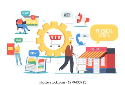Omnichannel, Digital Marketing Concept, Several Communication Channels Between Seller and Customer. Character Visit Physical Shop for Shopping, Print, Call Center. Cartoon People Vector Illustration