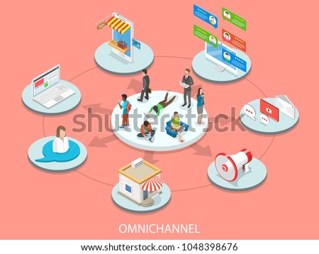Omnichannel flat isometric vector concept. Customers surrounded by many communication types with seller.