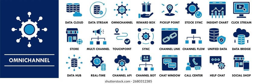 Conjunto de coleção de ícones omnicanal. Contendo design digital, marketing, omnicanal, on-line, tecnologia, cliente