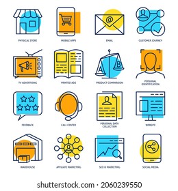 Omni-channel icon set in colored line style. Vector illustration.
