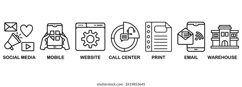 Omnichannel ícone definir conceito de ilustração vetorial com ícone de mídia social, móvel, site, call center, impressão, e-mail e armazém