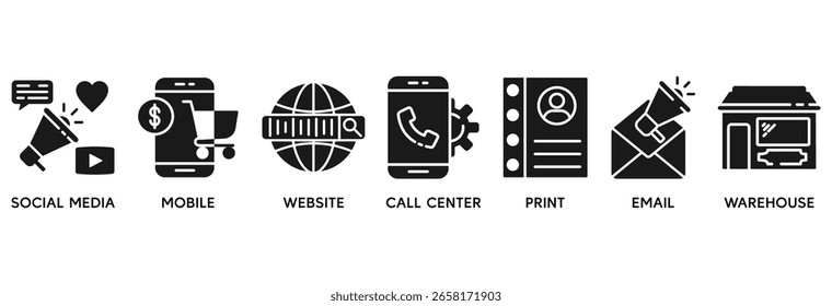 O conceito de ilustração vetorial do conjunto de ícones omnicanal se relaciona a mídias sociais, celular, site, call center, impressão, e-mail e depósito