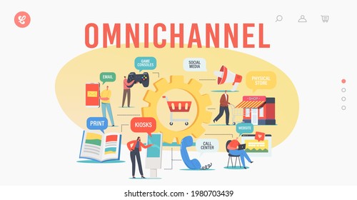 Omnichannel Landing Page Template. Several Channels Between Seller and Customer. Digital Marketing, Online Shopping. Character Use E-mail, Social Media, Call Center. Cartoon People Vector Illustration