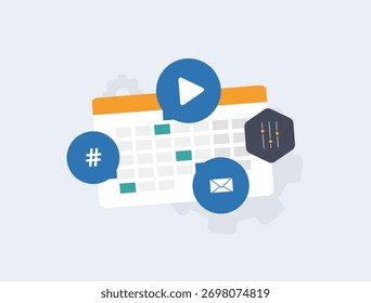 Automação de marketing omnicanal com conteúdo de vídeo, hashtags sociais, campanhas de e-mail. Análise de desempenho para envolvimento de usuário omnicanal, crescimento de conversão e otimização de ROI. Ilustração 3D