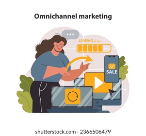 Omnichannel retail. Bricks clicks model. Multiple digital and physical touchpoints. Automated retail system or technology. E-commerce technology. Flat vector illustration