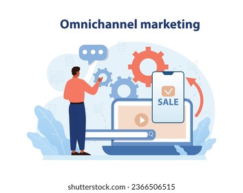 Omnichannel-Einzelhandel. Steine Klicks Modell. Mehrere digitale und physische Berührungspunkte. Automatisiertes Einzelhandelssystem oder -technologie. E-Commerce-Technologie. Flache Vektorgrafik