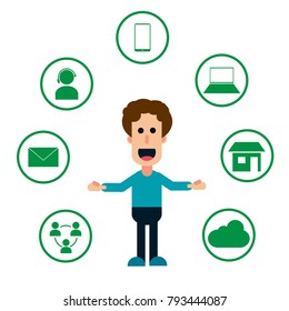 Concepto Omnichannel de venta al por menor. Hombre que usa pagos móviles en línea compra y conexión de red de clientes, e-banca electrónica 