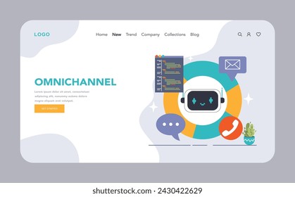 Omnichannel web or landing. A centralized chatbot facilitates seamless communication across diverse platforms, consistent user engagement. Integrating email, code and voice. Flat vector illustration