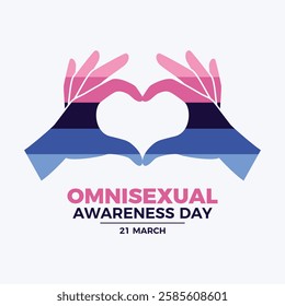 Omnisexual Awareness Day poster vector illustration. Hand heart love gesture omnisexual pride flag icon vector. LGBT love hands design element. Template for background, banner, card. 21 March