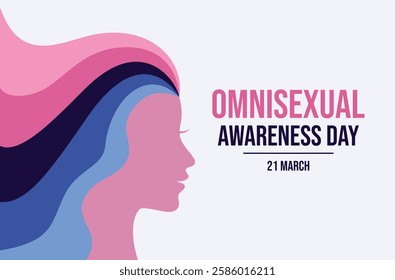Omnisexual Awareness Day poster vector illustration. Female head in profile with long rainbow hair icon. LGBT omnisexual pride flag symbol. Template for background, banner, card. 21 March