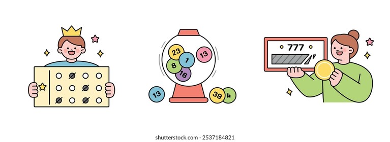 Cheque OMR, dibujo de bolas y lotería de arañazos. Ilustración vectorial simple de contorno.