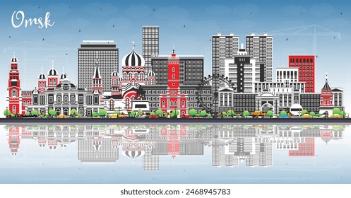 Omsk Rusia horizonte de la ciudad con edificios de color, cielo azul y reflejos. Ilustración vectorial. Paisaje urbano de Omsk con Lugares famosos. Concepto de viajes de negocios y turismo con arquitectura moderna e histórica.