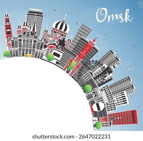 Omsk Russia city skyline with color buildings, blue sky and copy space. Vector illustration. Omsk cityscape with landmarks. Business travel and tourism concept with modern and historic architecture.