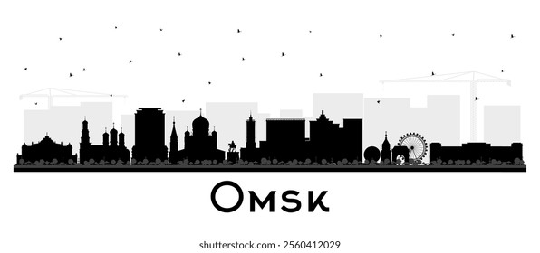 Omsk Russia city skyline silhouette with black buildings isolated on white. Vector illustration. Omsk cityscape with landmarks. Travel and tourism concept with modern and historic architecture.