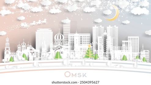 Omsk Russia. Winter city skyline in paper cut style with snowflakes, moon and neon garland. Christmas and new year concept. Santa Claus on sleigh. Omsk cityscape with landmarks.