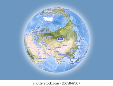 Omsk-Russia is shown on vector globe map. The map shows Omsk-Russia 's location in the world.