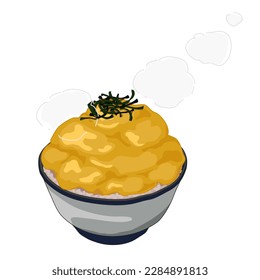 Omurice, Japanese omelette rice bowl with seaweed on top, Hot rice bowl, Classic Japanese home cooked dish. Easy cook menu. Anime food hand drawing vector illustration on white background.