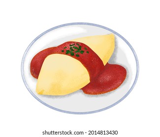 Omurice, Japanese omelette and rice topped with tomato sauce. Isolated Omurice on white background. Close up asian food vector illustration. Fried rice with fried scrambled eggs. Authentic anime food.