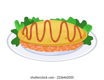 Omurice, Japanese omelette and rice topped with tomato sauce. Close up asian food on plate. Colorful vector illustration isolated on white background.