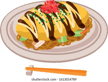 Omusoba Yakisoba of Stir-frid noodles illustration.