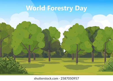 On the 21st of March, World Forestry Day is commemorated. Summer forest landscape. Illustration for websites, awareness post wallpaper and background design for social media. Vector Not AI generated