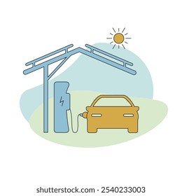 En el icono abstracto de la estación de carga de fondo con la carga del coche de la energía solar. Vista frontal del coche.