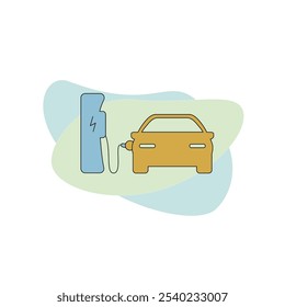 On abstract background charging station icon with car charging from solar energy. Front view of car.