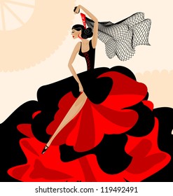 on abstract background is Spanish dancer in red-black dress