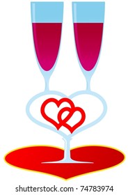 On an abstract image of the heart is coupled wedding wine glass