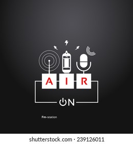 on air, abstract background power button, microphone, vacuum tube and a radio antenna. Radio theme