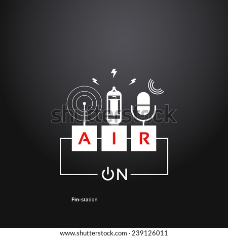 on air, abstract background power button, microphone, vacuum tube and a radio antenna. Radio theme