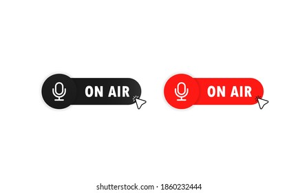On air button for banner design. Red on air button. tudio table microphone with broadcast text on air. Webcast audio record concept buttons. Vector illustration.